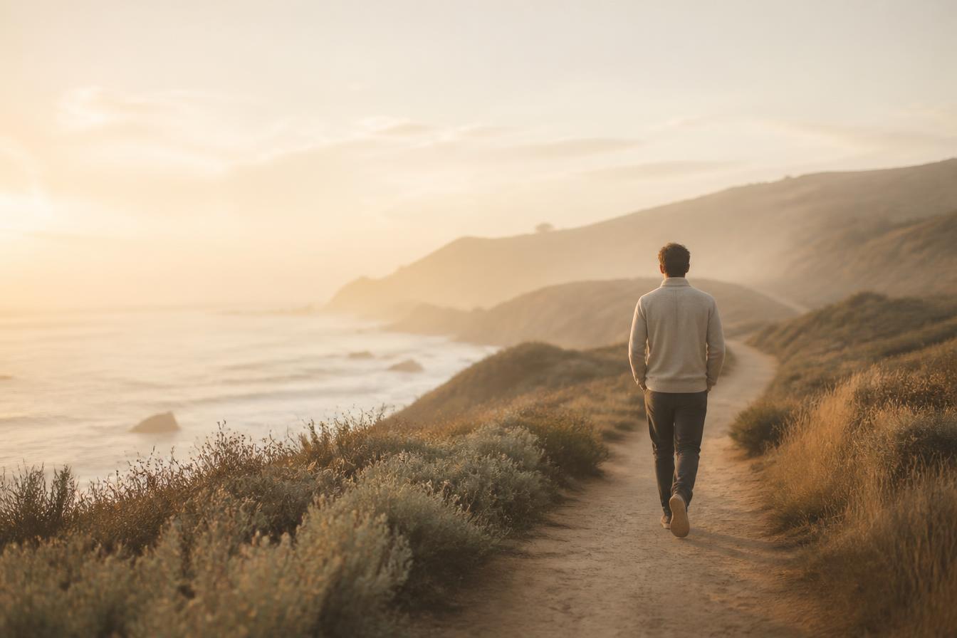 A man walking alone along a coastal path at sunset, seen from behind